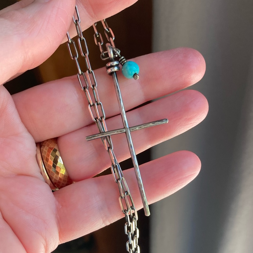 Silver Cross Pendant Necklace with Turquoise Accent